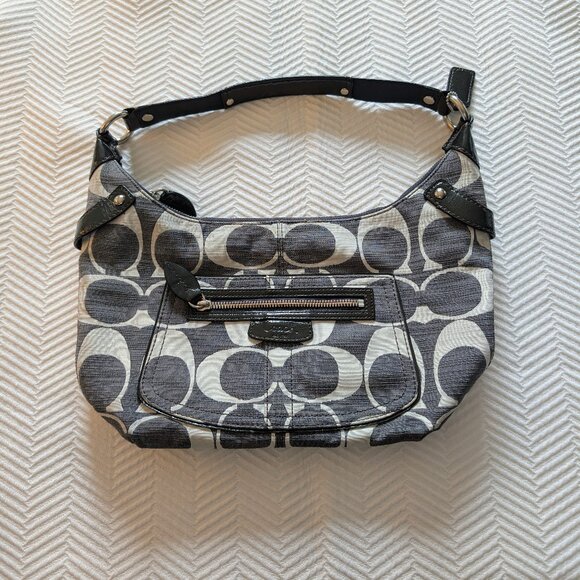 Coach Signature Jacquard Shoulder Bag Grey Black Patent Trim Style 13291 Y2K - Picture 1 of 16